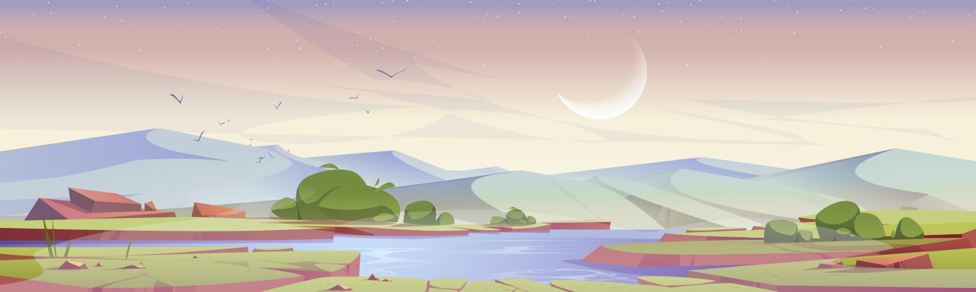 campo de paisagem de manhã cedo dos desenhos animados com lagoa vetor