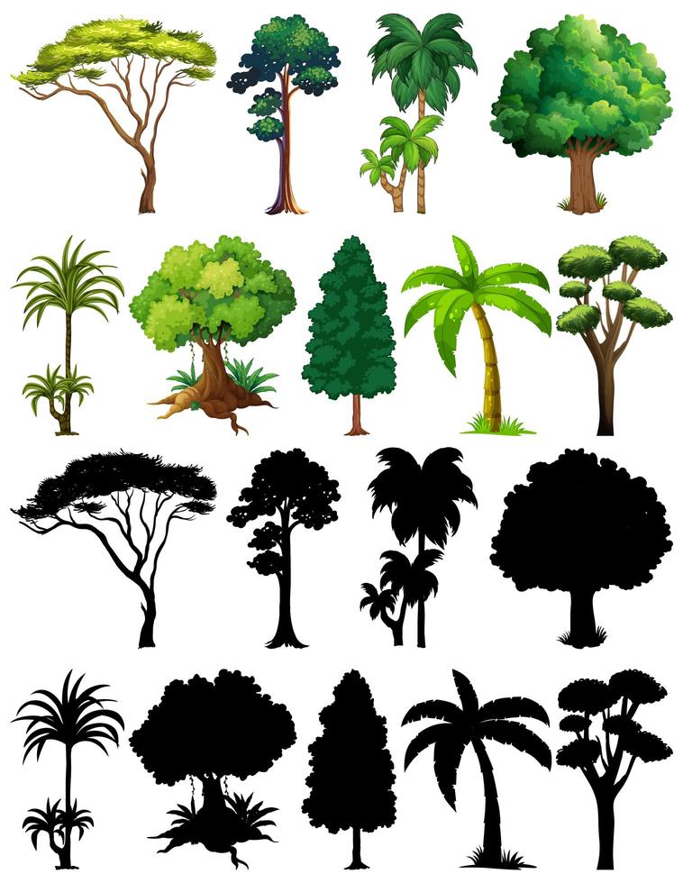 conjunto de plantas e árvores com silhuetas vetor