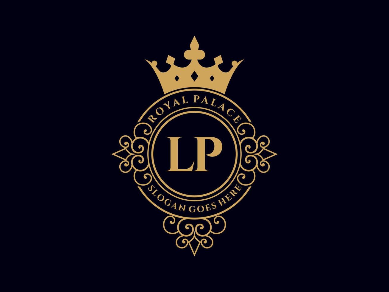 letra lp antigo logotipo vitoriano de luxo real com moldura ornamental. vetor
