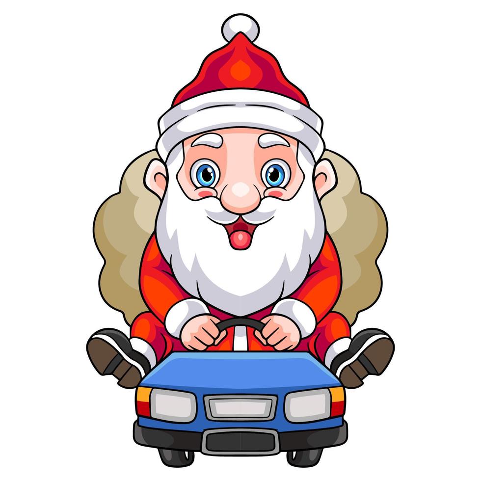 desenho animado papai noel dirigindo um carro para enviar presentes vetor