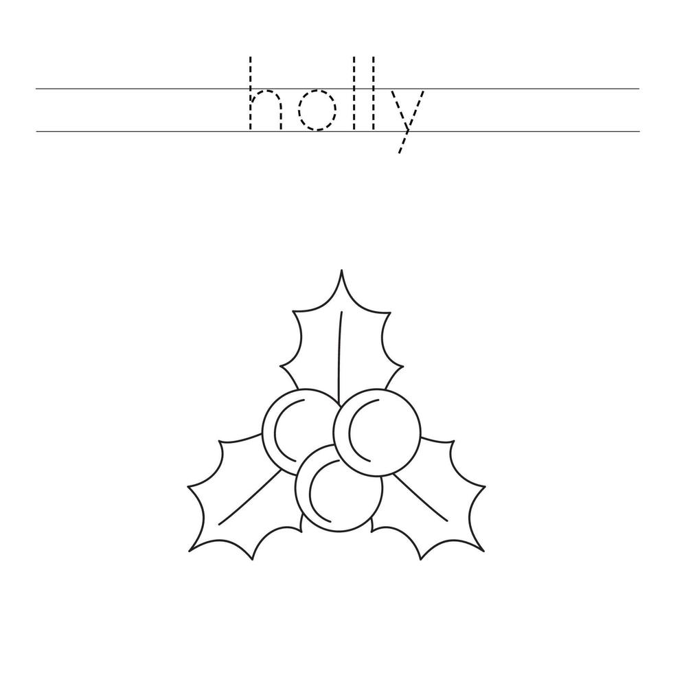 trace as letras e pinte o azevinho de natal. prática de caligrafia para crianças. vetor