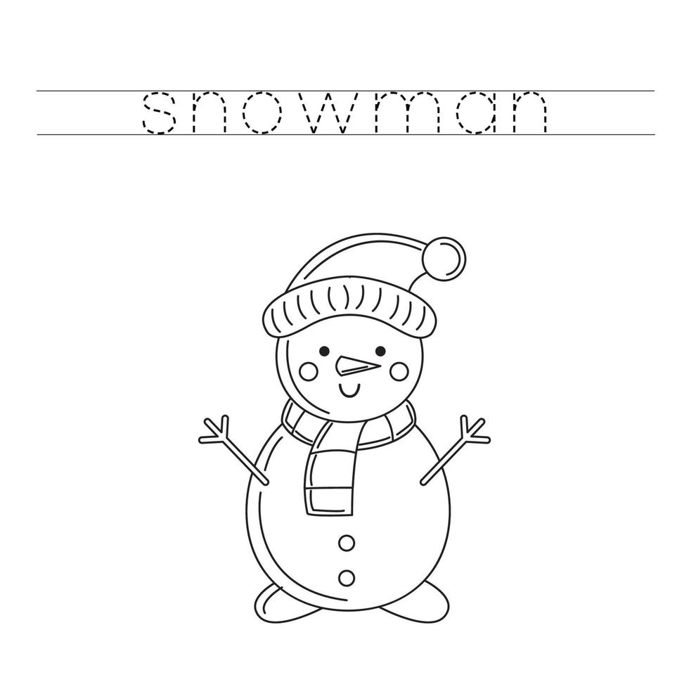 trace as letras e pinte o boneco de neve bonito. prática de caligrafia para crianças. vetor