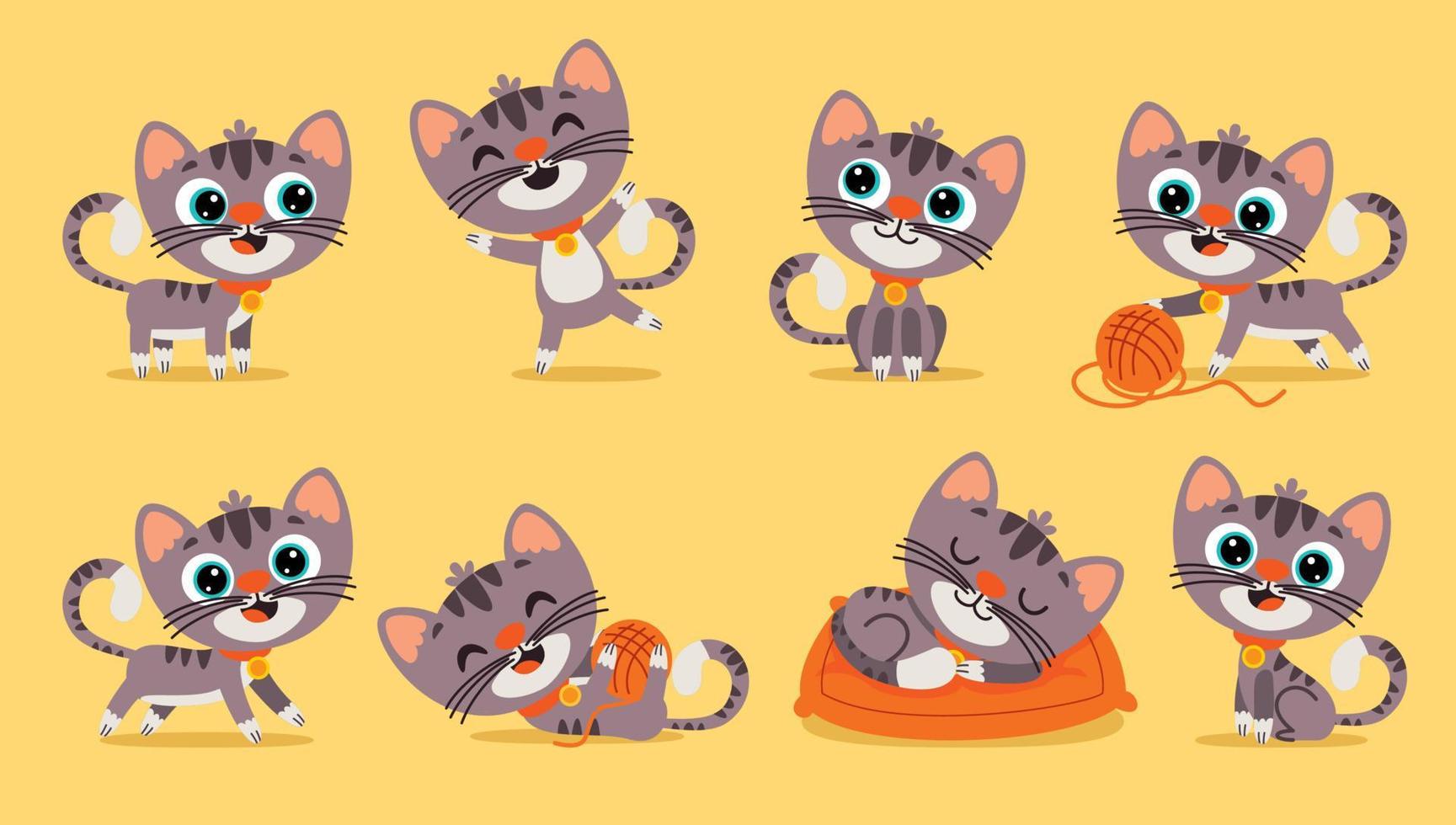 conjunto de poses de gato de desenho animado vetor