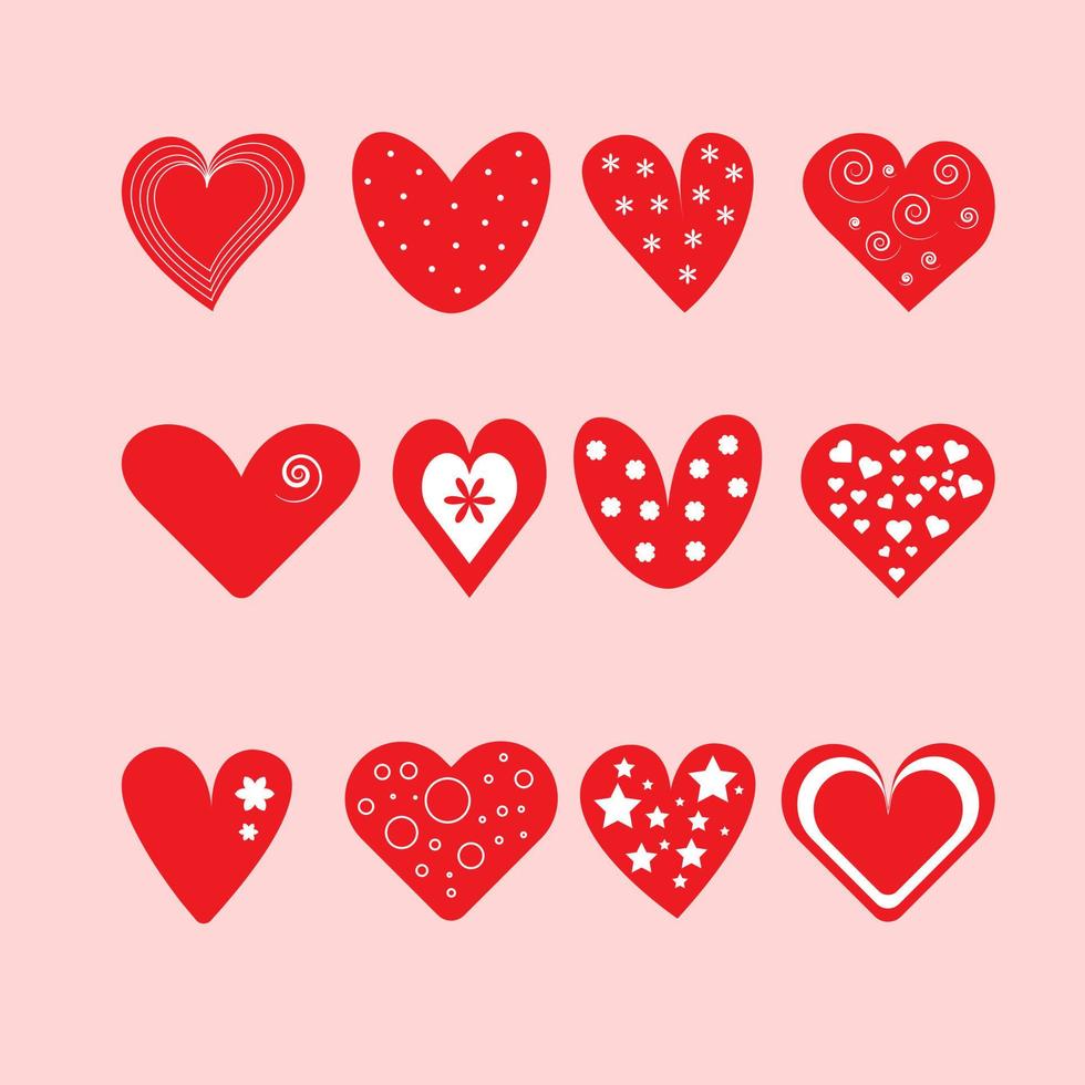 vetor definido com corações decorados isolados em fundo rosa para dia dos namorados. elementos gráficos do conceito de amor