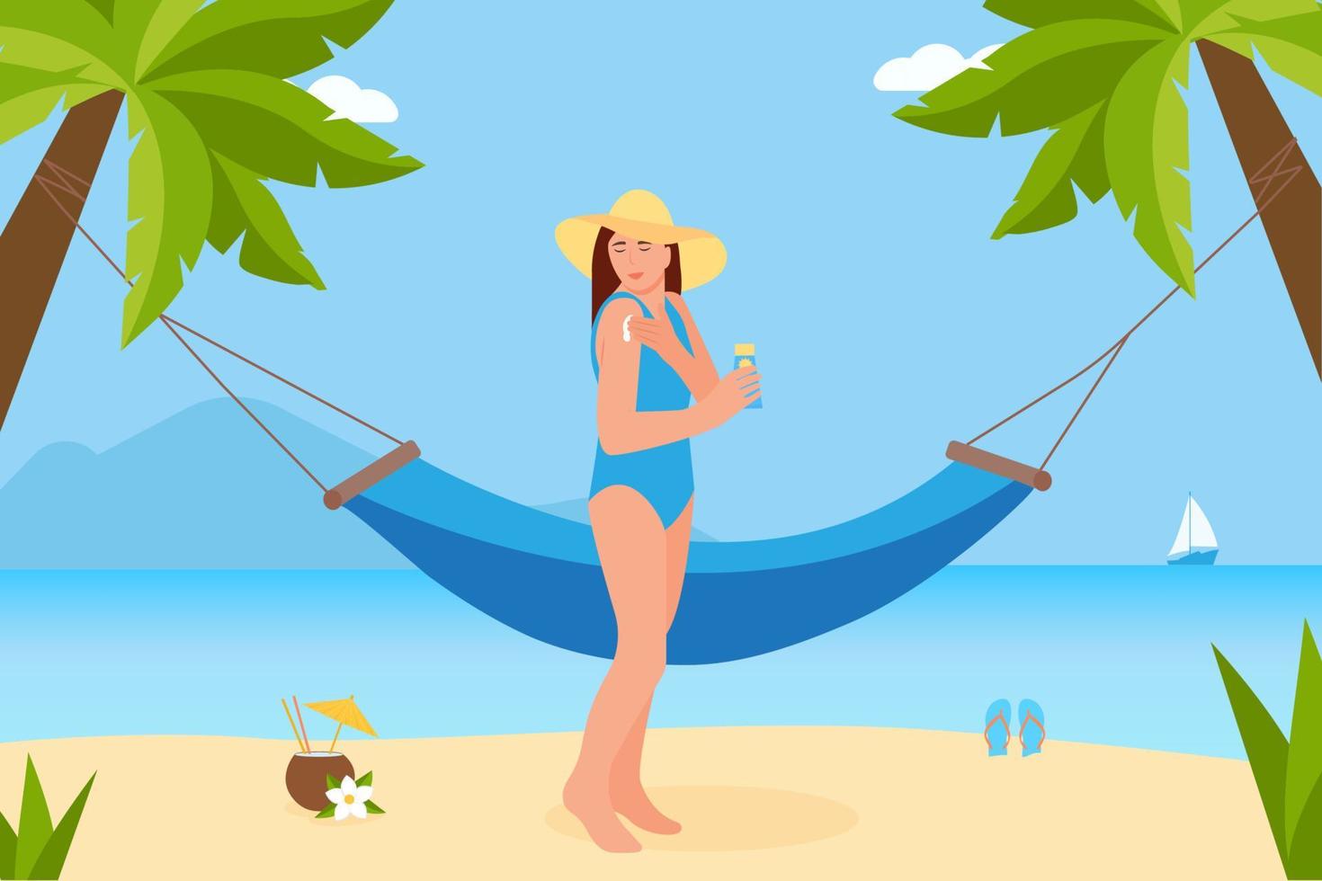 mulher de beleza de chapéu e maiô aplicar protetor solar no ombro. um protetor solar na mão paisagem de praia com veleiro, rede de praia, coquetel e chinelos ilustração em vetor plana colorida