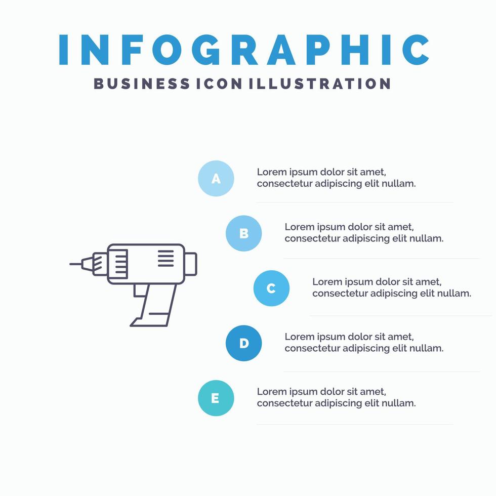 ícone de linha de eletrônicos sem fio de máquina de energia de perfuração com fundo de infográficos de apresentação de 5 etapas vetor