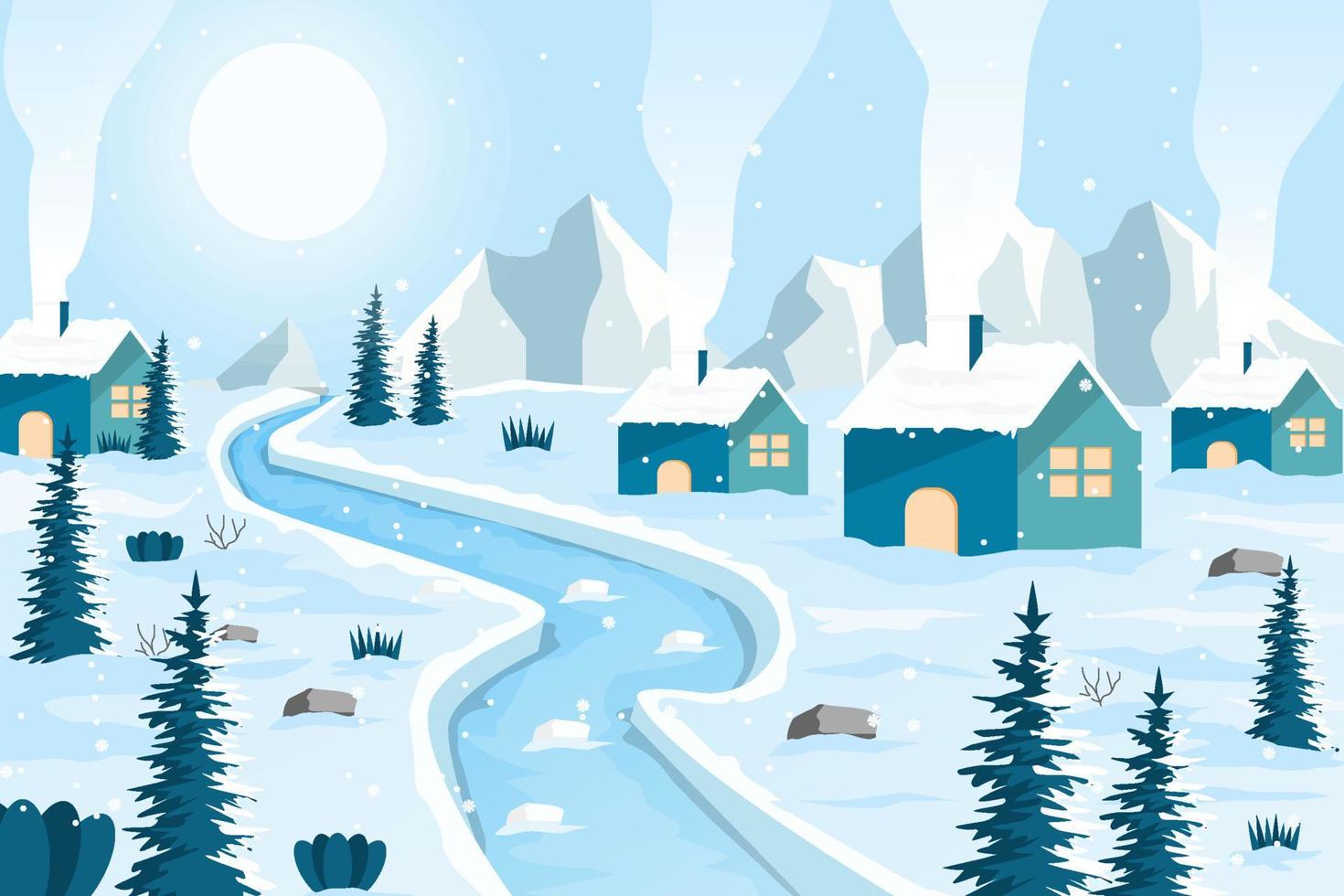 ilustração de paisagem de aldeia de inverno com fundo de montanhas vetor