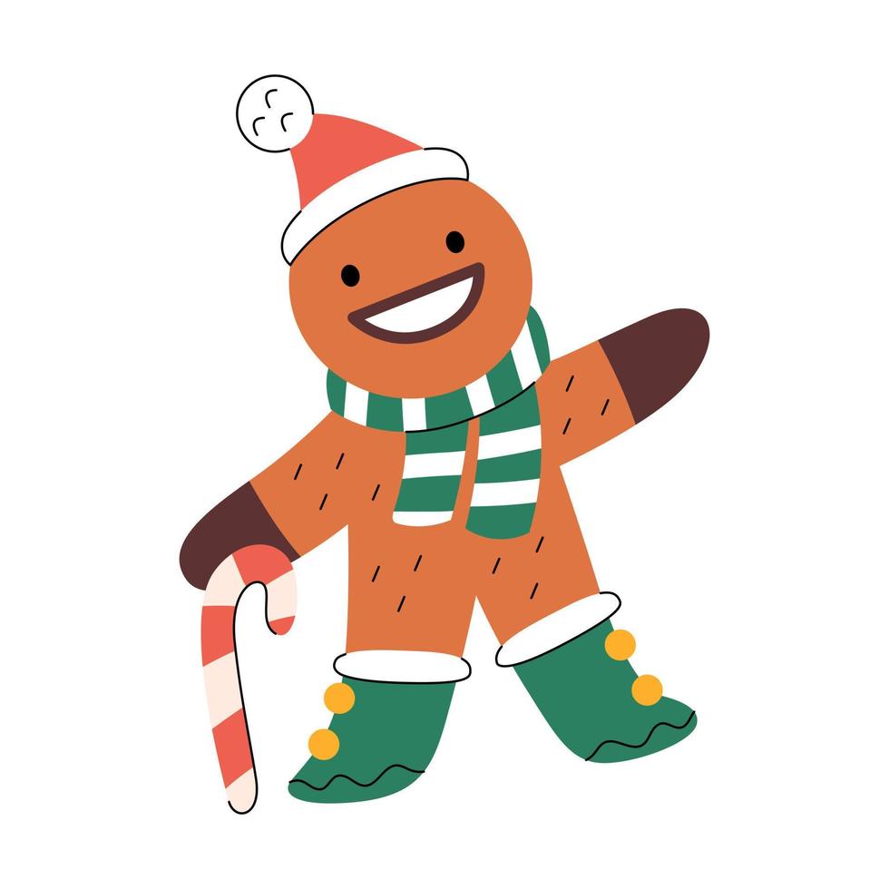 homem-biscoito sorridente bonito usando botas, cachecol e chapéu de Papai Noel tradicional vetor