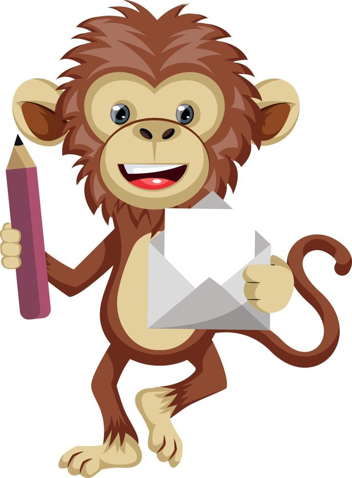 macaco com envelope, ilustração, vetor em fundo branco.