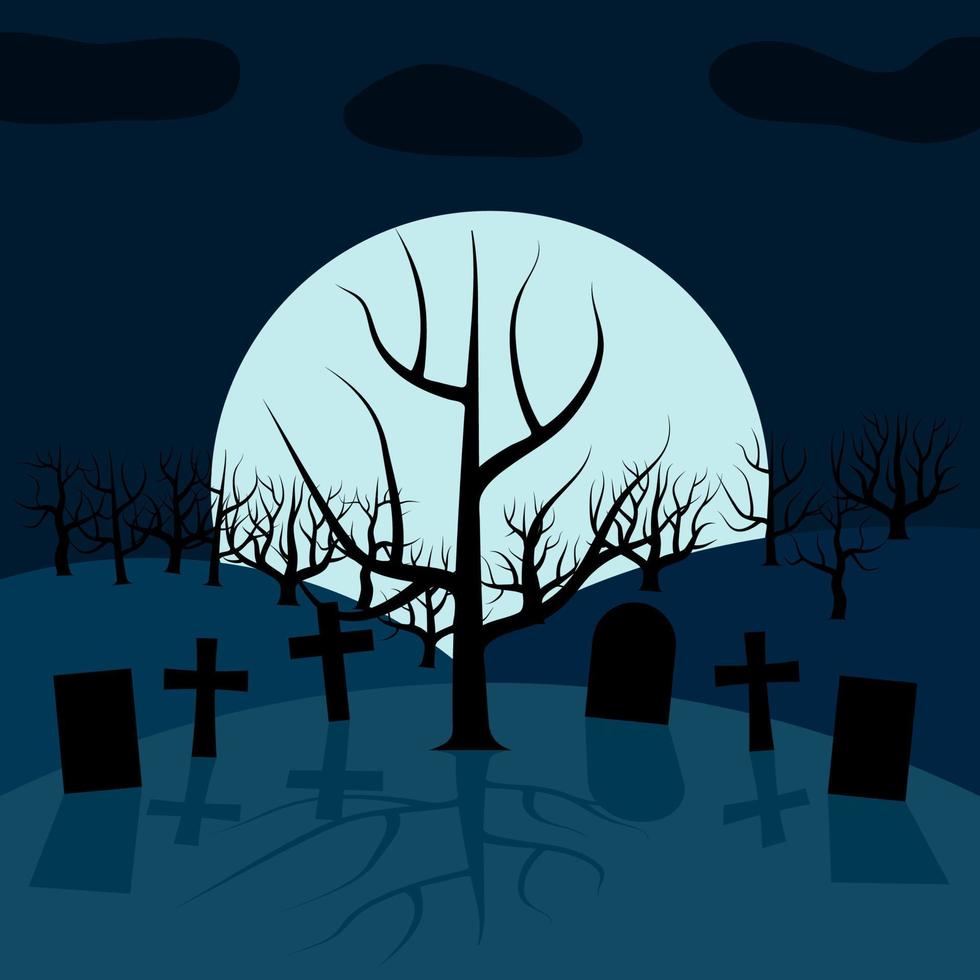 uma árvore solitária no cemitério à noite na frente da lua. fundo de vetor para o dia das bruxas