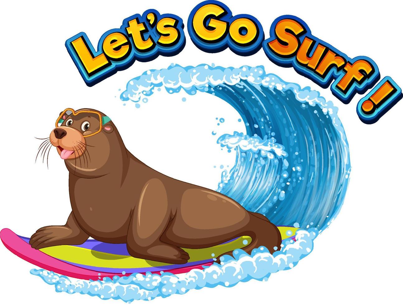 personagem de desenho animado de leão marinho com vamos surfar palavra vetor
