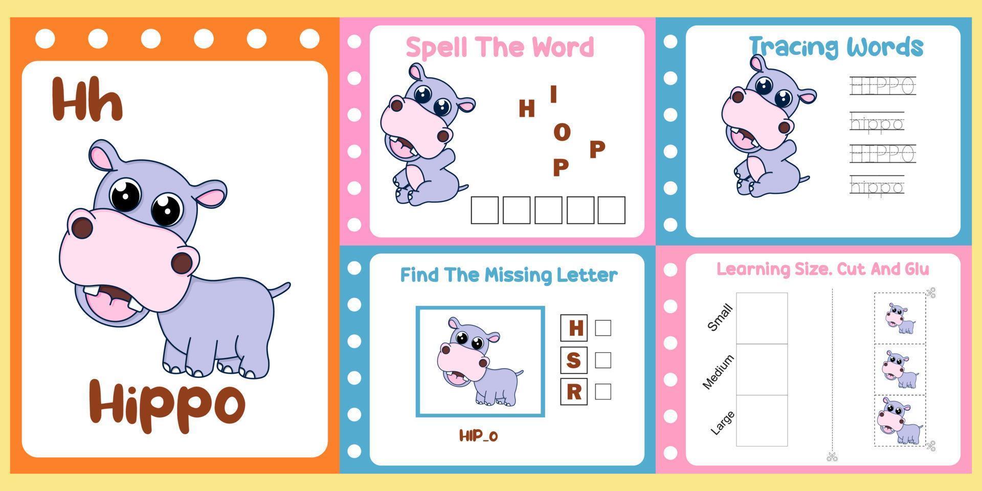 pacote de planilhas para crianças com vetor de hipopótamo. livro de estudo infantil