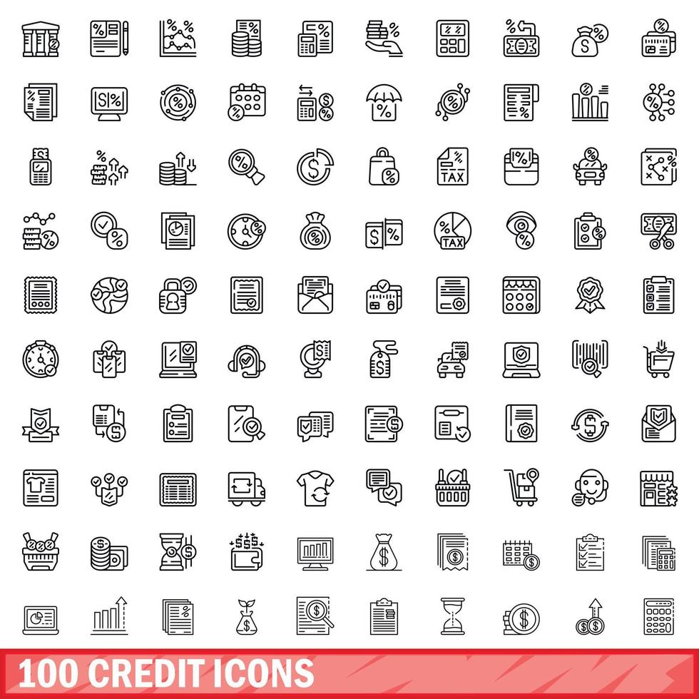 conjunto de 100 ícones de crédito, estilo de estrutura de tópicos vetor