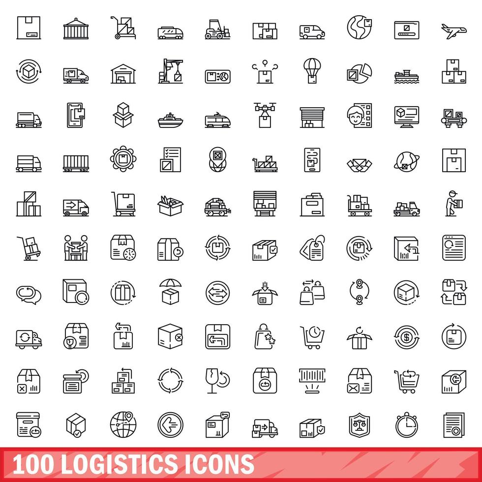 conjunto de 100 ícones de logística, estilo de estrutura de tópicos vetor