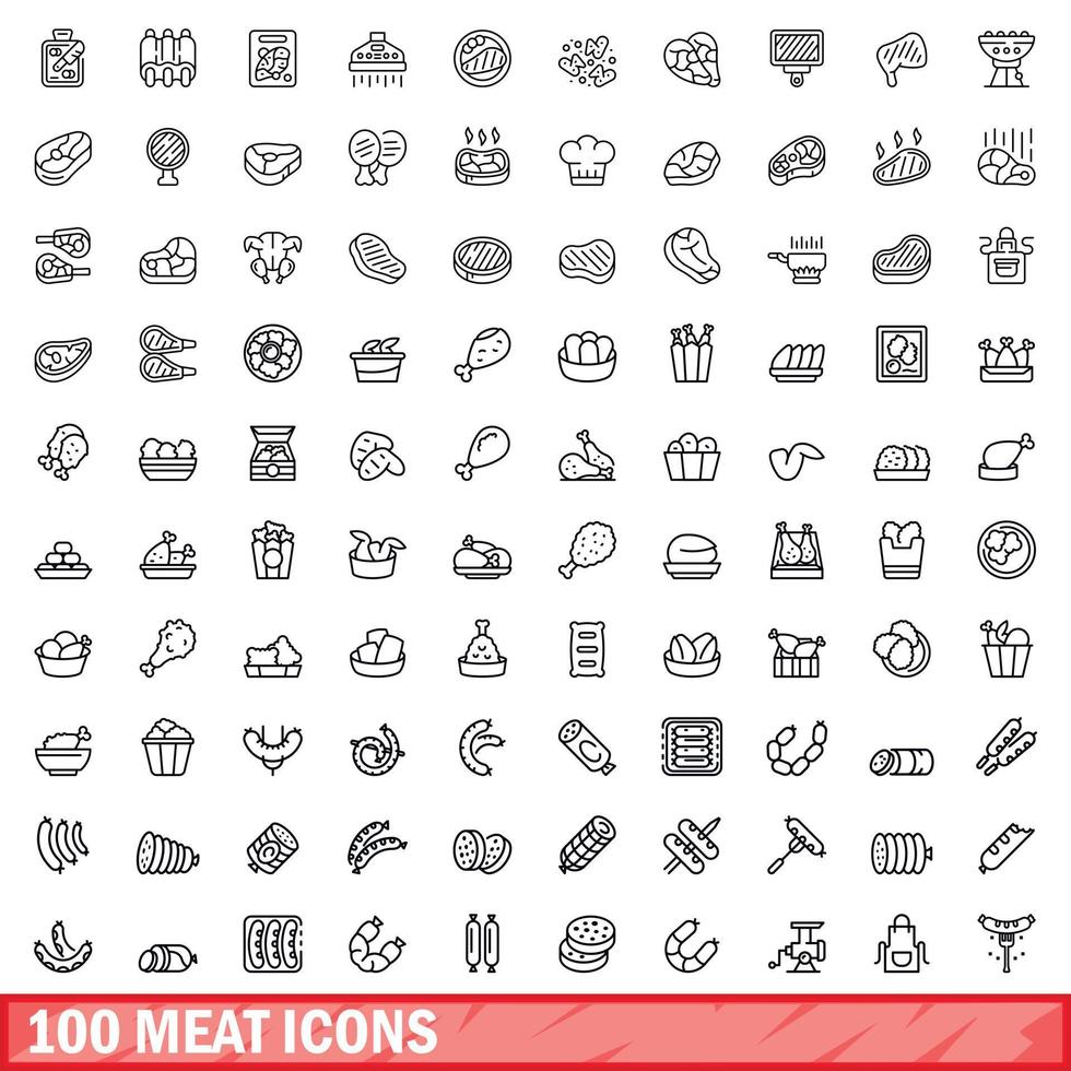 conjunto de 100 ícones de carne, estilo de contorno vetor