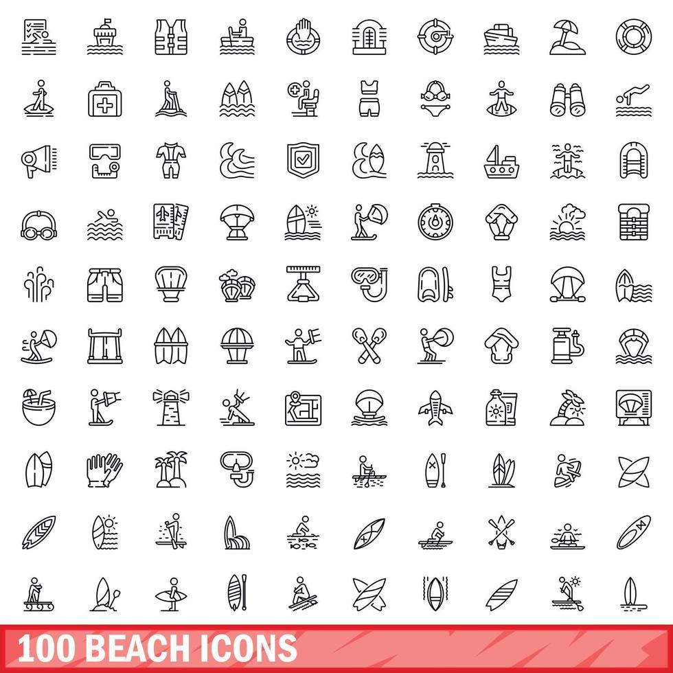 conjunto de 100 ícones de praia, estilo de contorno vetor
