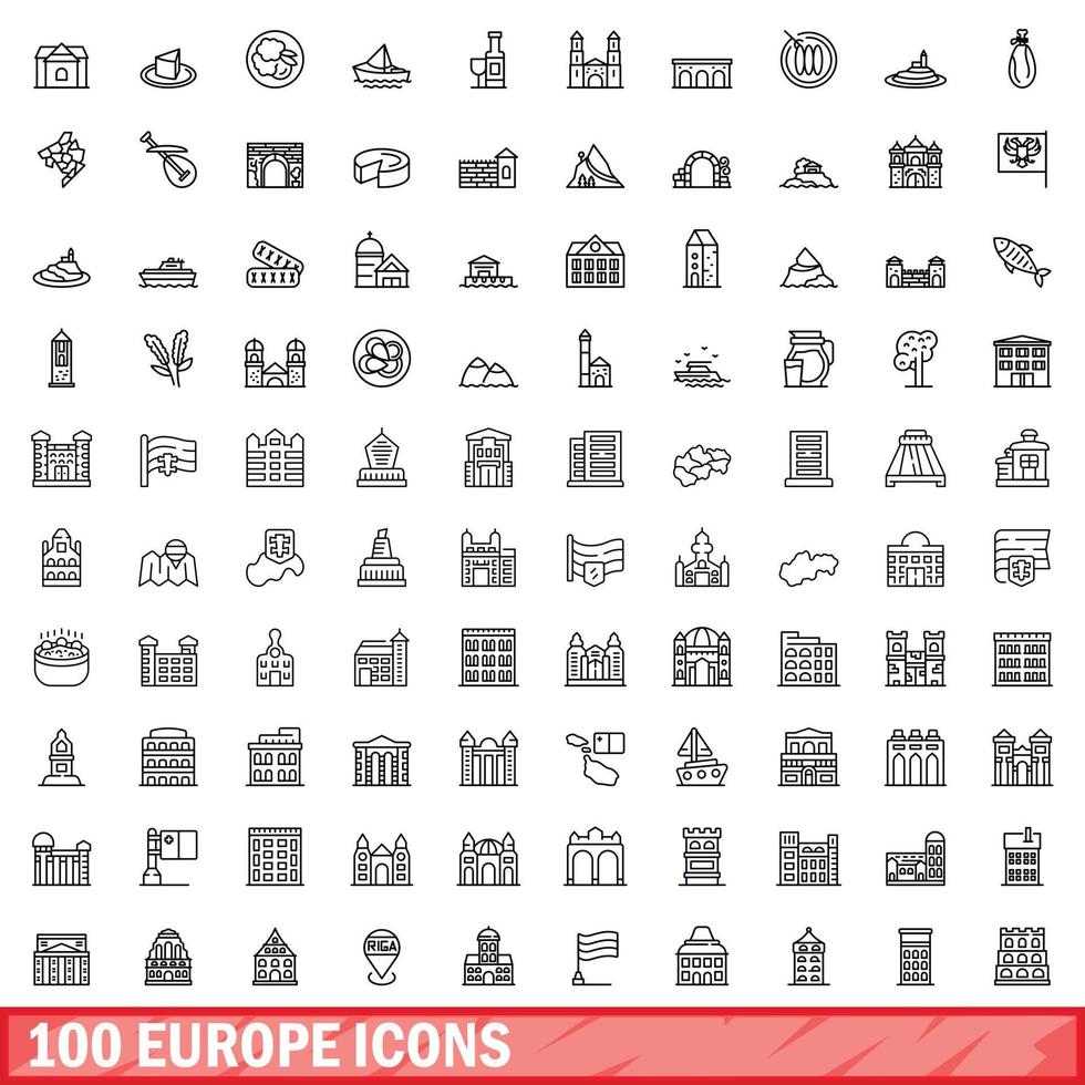 conjunto de 100 ícones da europa, estilo de contorno vetor