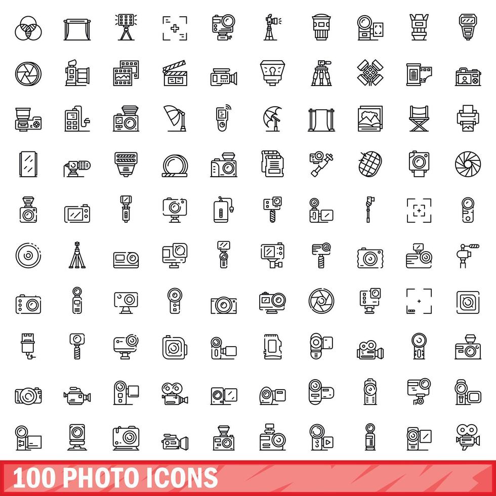conjunto de 100 ícones de fotos, estilo de contorno vetor