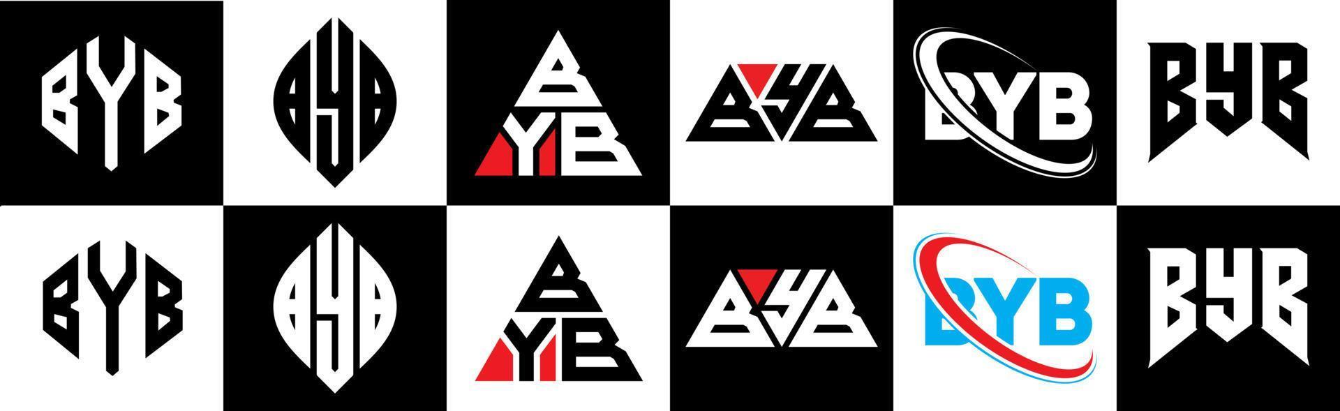 design de logotipo de carta byb em seis estilo. byb polígono, círculo, triângulo, hexágono, estilo plano e simples com logotipo de letra de variação de cor preto e branco definido em uma prancheta. byb logotipo minimalista e clássico vetor