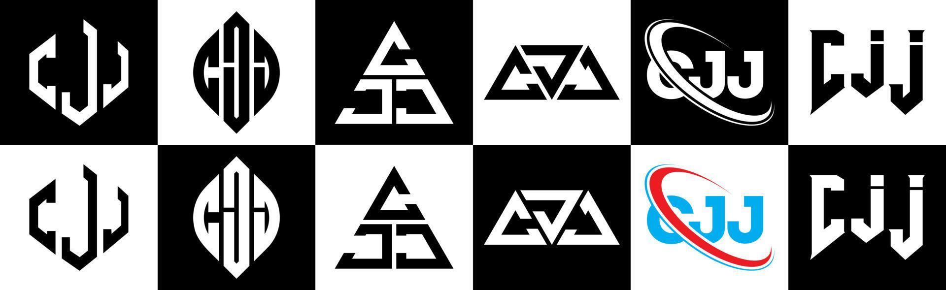 design de logotipo de carta cjj em seis estilo. cjj polígono, círculo, triângulo, hexágono, estilo plano e simples com logotipo de carta de variação de cor preto e branco definido em uma prancheta. cjj logotipo minimalista e clássico vetor