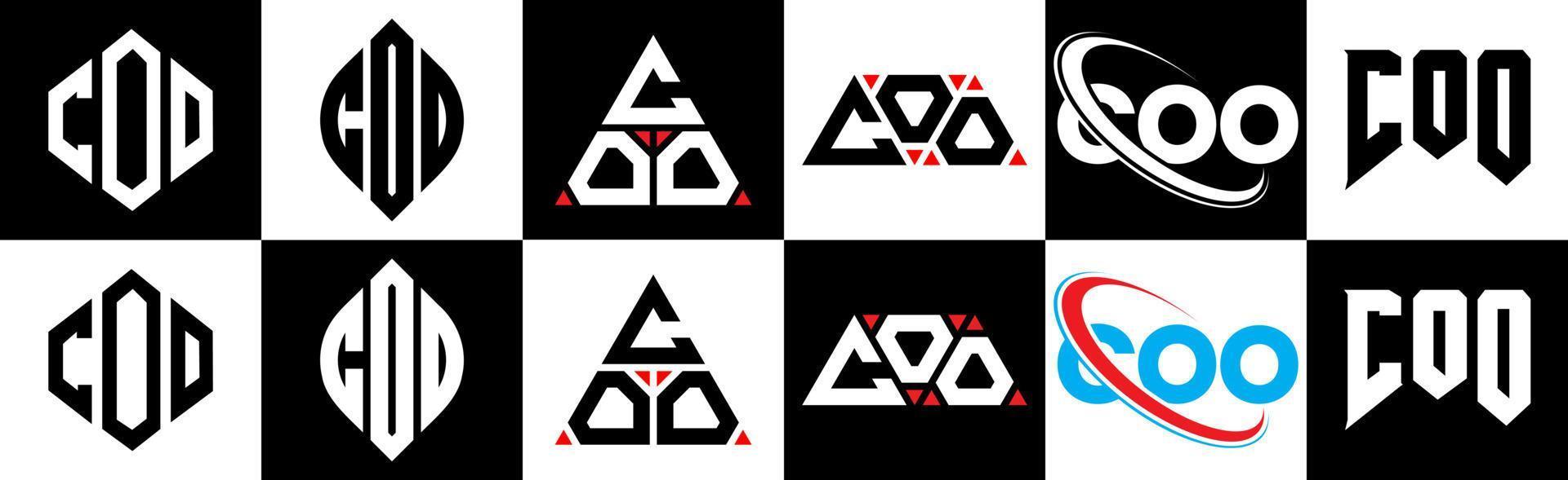 design de logotipo de carta coo em estilo seis. coo polígono, círculo, triângulo, hexágono, estilo plano e simples com logotipo de carta de variação de cor preto e branco definido em uma prancheta. coo logotipo minimalista e clássico vetor