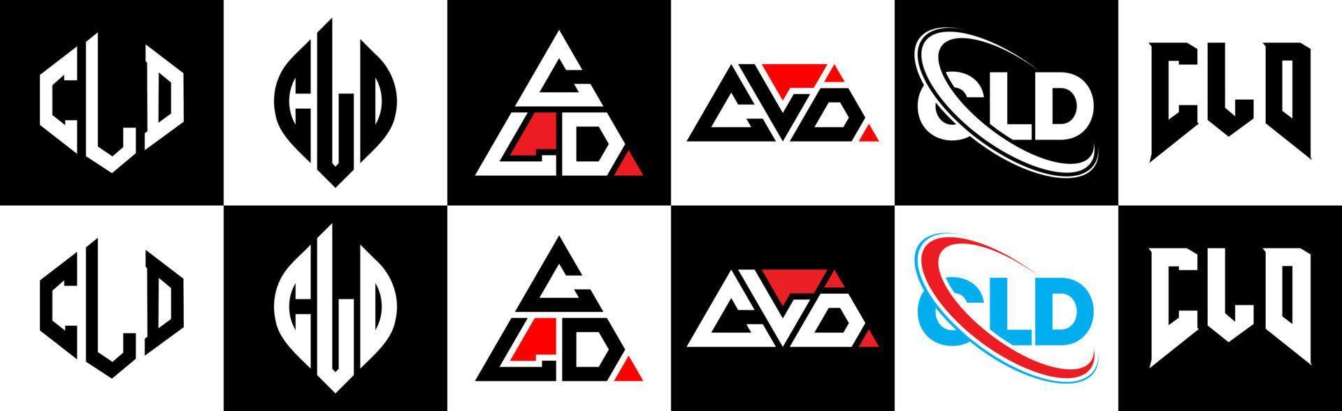 design de logotipo de carta cld em seis estilo. cld polígono, círculo, triângulo, hexágono, estilo plano e simples com logotipo de carta de variação de cor preto e branco definido em uma prancheta. cld logotipo minimalista e clássico vetor