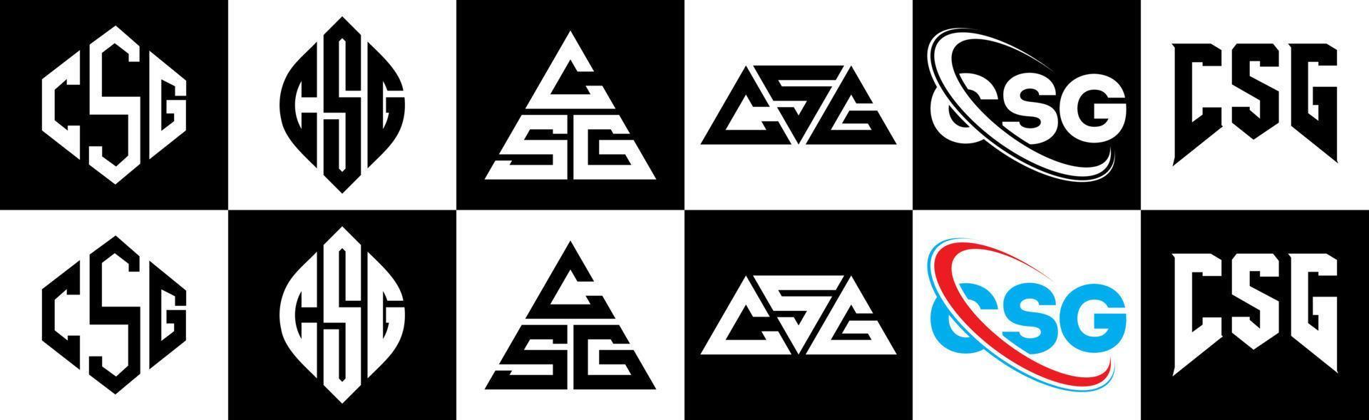 design de logotipo de carta csg em estilo seis. csg polígono, círculo, triângulo, hexágono, estilo plano e simples com logotipo de letra de variação de cor preto e branco definido em uma prancheta. csg logotipo minimalista e clássico vetor