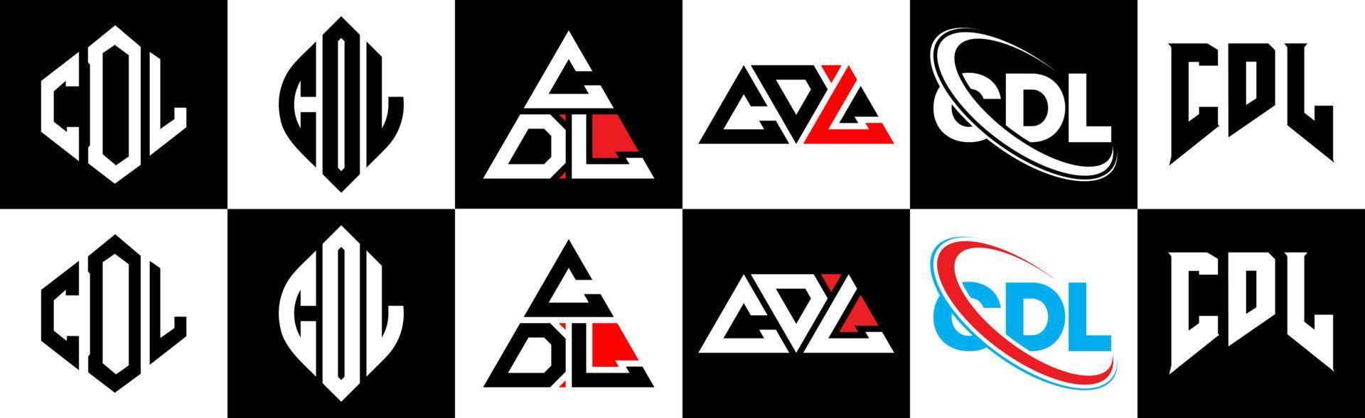 design de logotipo de letra cdl em seis estilo. cdl polígono, círculo, triângulo, hexágono, estilo plano e simples com logotipo de letra de variação de cor preto e branco definido em uma prancheta. cdl logotipo minimalista e clássico vetor