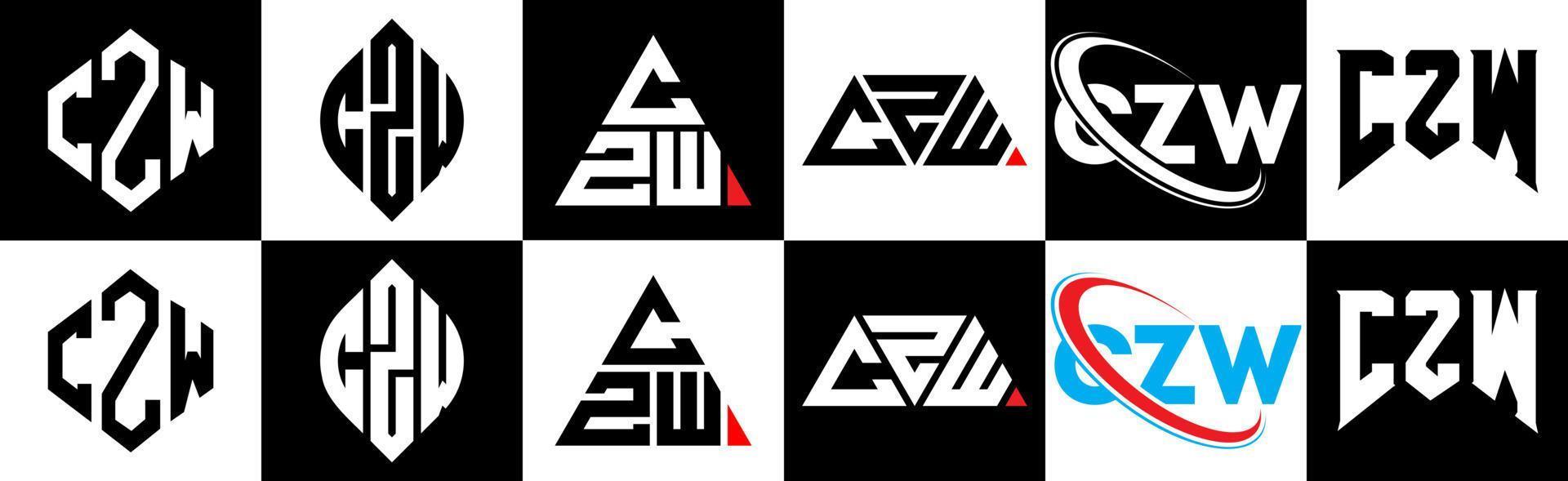 design de logotipo de letra czw em seis estilo. czw polígono, círculo, triângulo, hexágono, estilo plano e simples com logotipo de letra de variação de cor preto e branco definido em uma prancheta. czw logotipo minimalista e clássico vetor