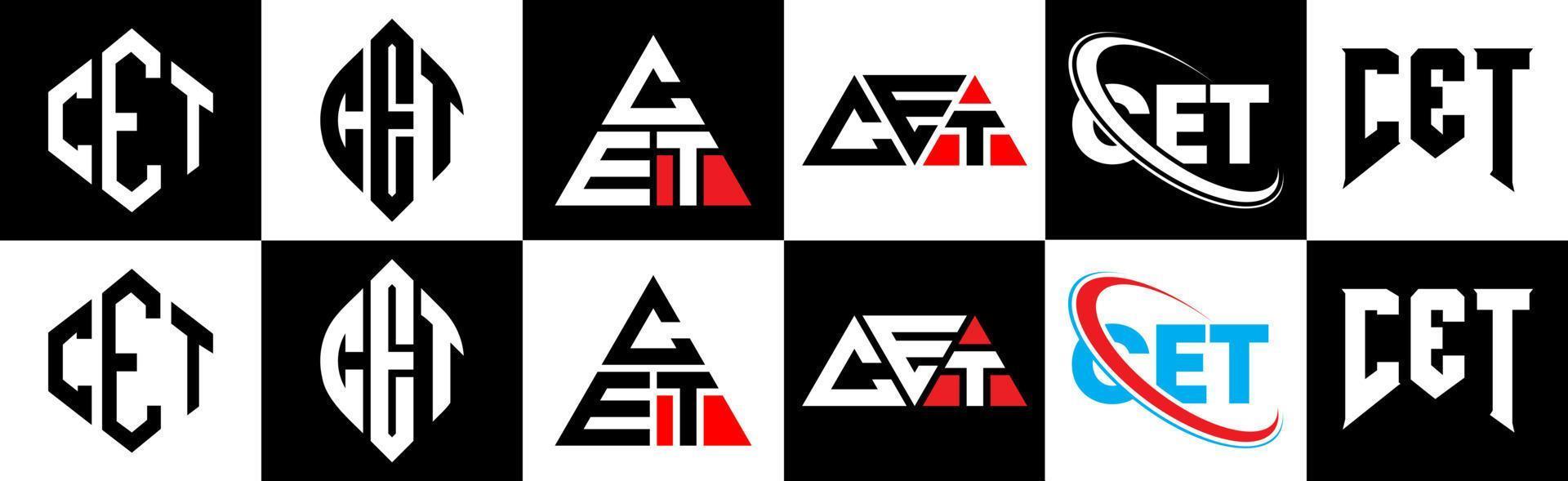 cet design de logotipo de carta em seis estilo. cet polígono, círculo, triângulo, hexágono, estilo plano e simples com logotipo de letra de variação de cor preto e branco definido em uma prancheta. cet logotipo minimalista e clássico vetor