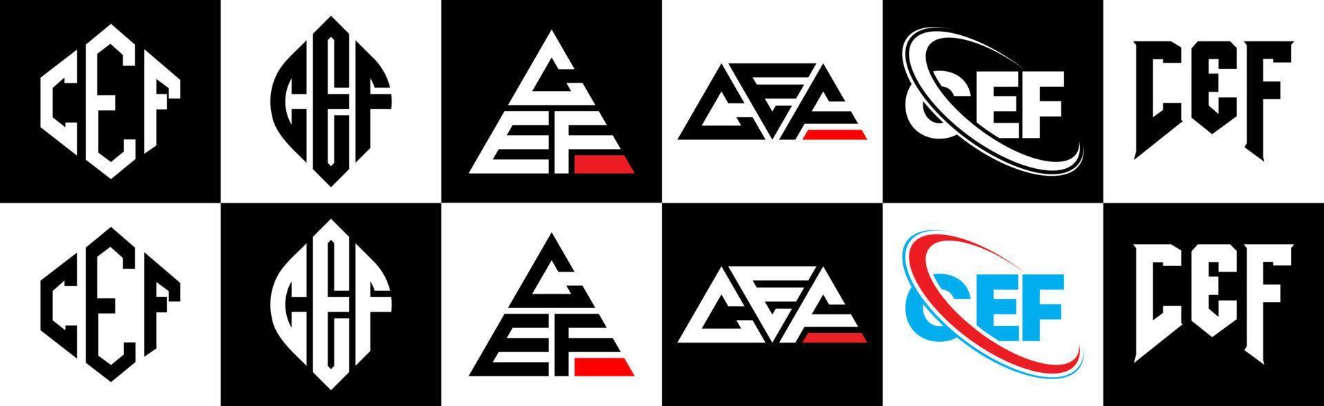 design de logotipo de carta cef em estilo seis. cef polígono, círculo, triângulo, hexágono, estilo plano e simples com logotipo de carta de variação de cor preto e branco definido em uma prancheta. cef logotipo minimalista e clássico vetor