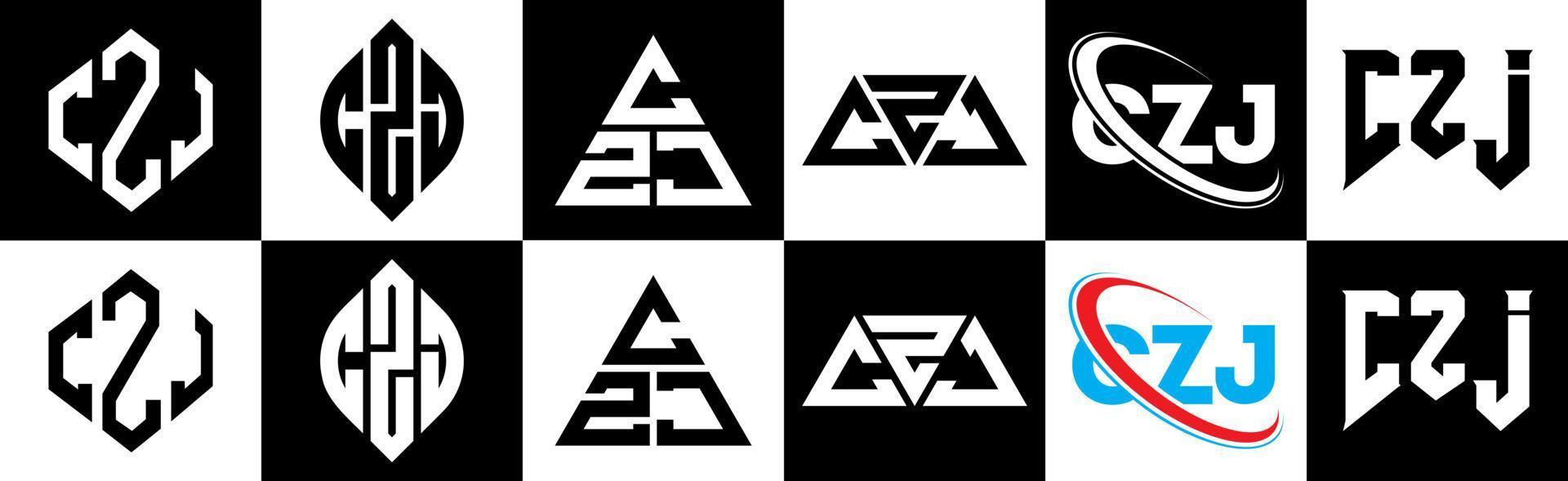 design de logotipo de letra czj em seis estilo. czj polígono, círculo, triângulo, hexágono, estilo plano e simples com logotipo de letra de variação de cor preto e branco definido em uma prancheta. czj logotipo minimalista e clássico vetor