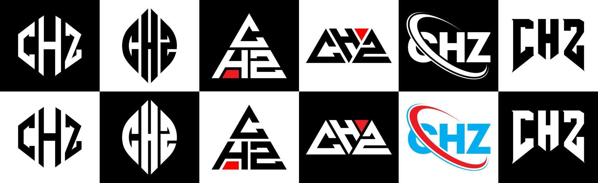 design de logotipo de letra chz em seis estilo. chz polígono, círculo, triângulo, hexágono, estilo plano e simples com logotipo de carta de variação de cor preto e branco definido em uma prancheta. chz logotipo minimalista e clássico vetor