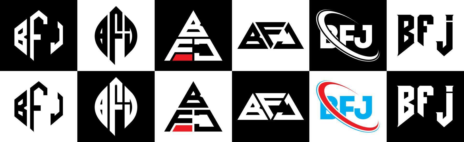 design de logotipo de carta bfj em estilo seis. polígono bfj, círculo, triângulo, hexágono, estilo plano e simples com logotipo de carta de variação de cor preto e branco definido em uma prancheta. bfj logotipo minimalista e clássico vetor