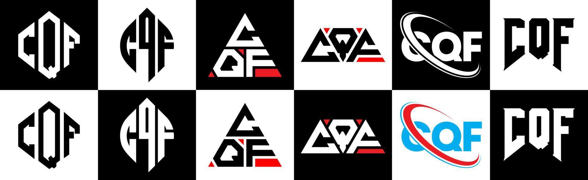 design de logotipo de carta cqf em seis estilo. cqf polígono, círculo, triângulo, hexágono, estilo plano e simples com logotipo de letra de variação de cor preto e branco definido em uma prancheta. cqf logotipo minimalista e clássico vetor