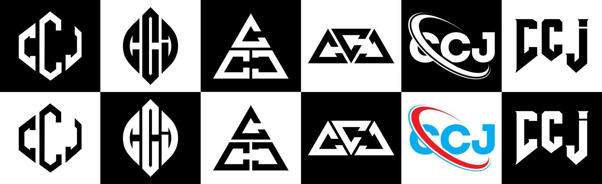 design de logotipo de carta ccj em seis estilo. polígono ccj, círculo, triângulo, hexágono, estilo plano e simples com logotipo de carta de variação de cor preto e branco definido em uma prancheta. ccj logotipo minimalista e clássico vetor