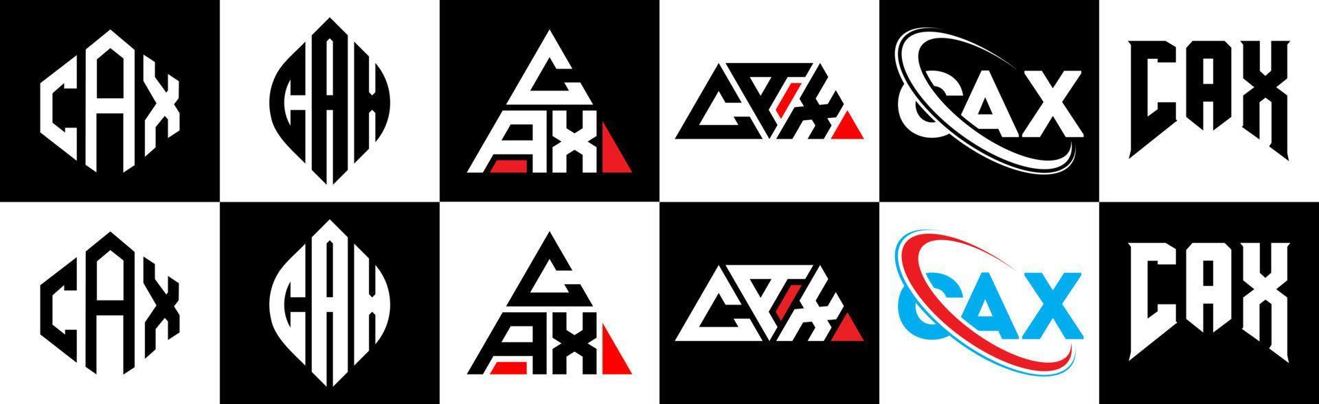 design de logotipo de carta cax em seis estilo. cax polígono, círculo, triângulo, hexágono, estilo plano e simples com logotipo de carta de variação de cor preto e branco definido em uma prancheta. cax logotipo minimalista e clássico vetor