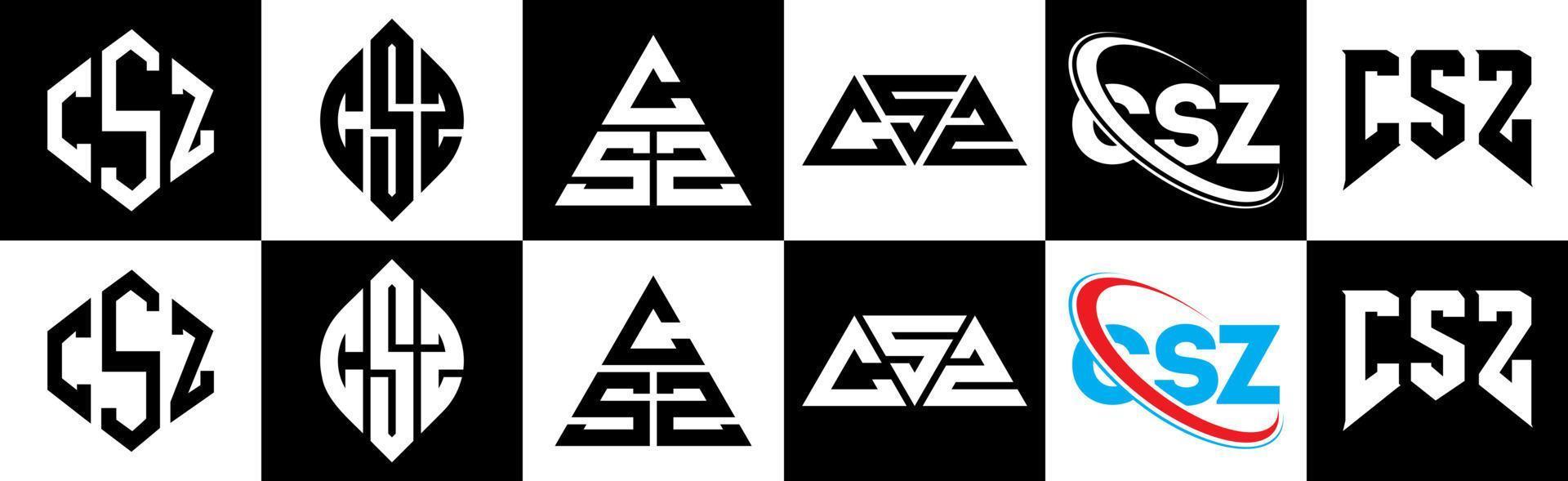 design de logotipo de letra csz em seis estilo. csz polígono, círculo, triângulo, hexágono, estilo plano e simples com logotipo de letra de variação de cor preto e branco definido em uma prancheta. csz logotipo minimalista e clássico vetor