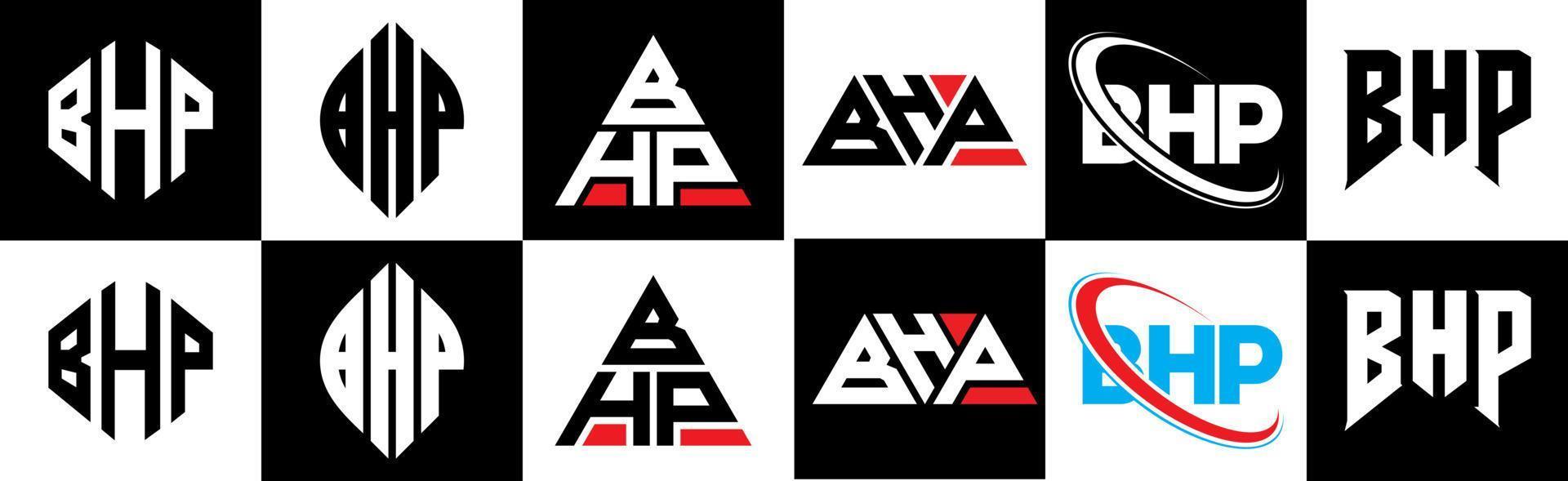 design de logotipo de letra bhp em estilo seis. bhp polígono, círculo, triângulo, hexágono, estilo plano e simples com logotipo de letra de variação de cor preto e branco definido em uma prancheta. logotipo minimalista e clássico bhp vetor