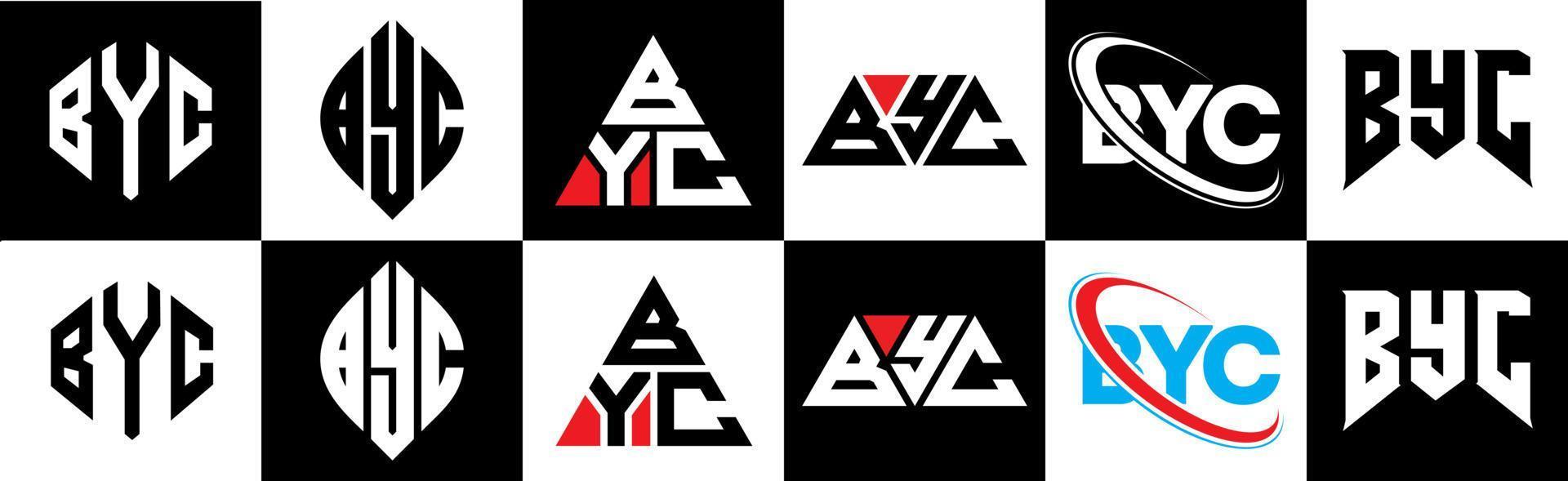 design de logotipo de carta byc em seis estilo. byc polígono, círculo, triângulo, hexágono, estilo plano e simples com logotipo de letra de variação de cor preto e branco definido em uma prancheta. byc logotipo minimalista e clássico vetor