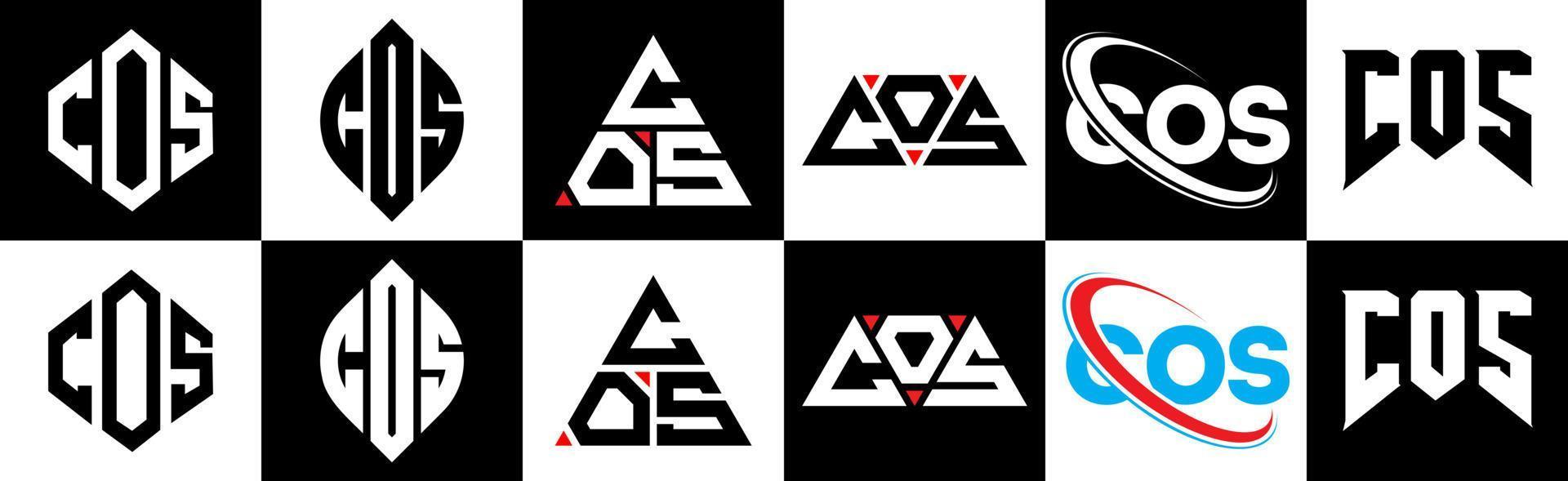 cos design de logotipo de carta em estilo seis. cos polígono, círculo, triângulo, hexágono, estilo plano e simples com logotipo de carta de variação de cor preto e branco definido em uma prancheta. cos logotipo minimalista e clássico vetor