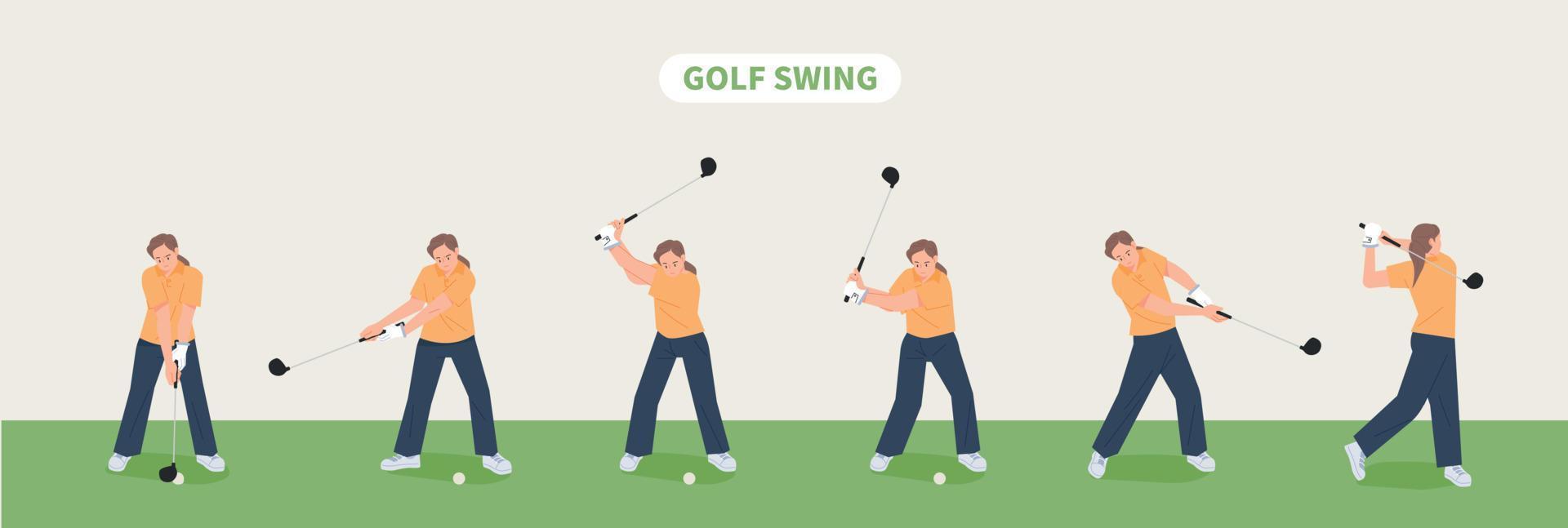 passos de pose de balanço de golfe. um jogador de golfe está mostrando seu swing de golfe. ilustração vetorial plana. vetor