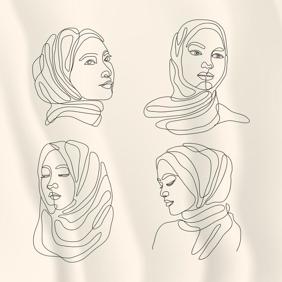 mínimo de mulheres na coleção de desenho de linha hijab vetor