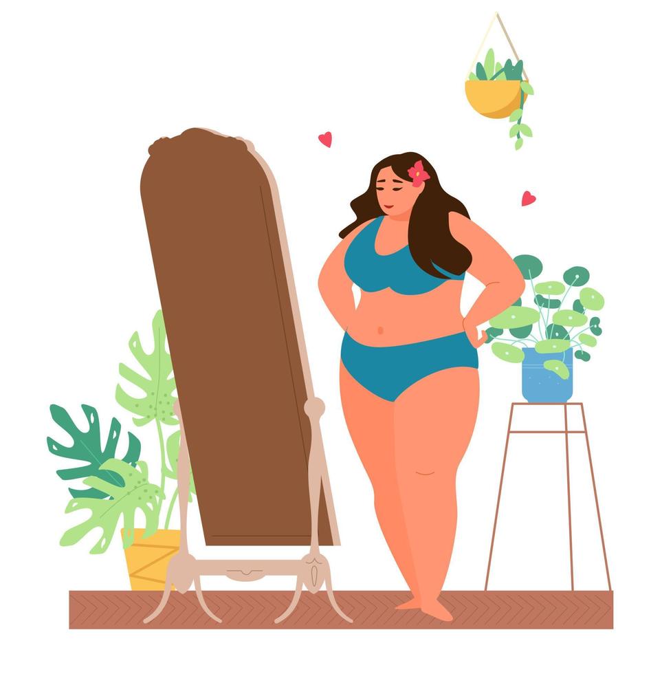 auto-aceitação e ilustração em vetor conceito pozitive corpo. mulher plus size em roupas íntimas se olha no espelho e gosta de sua aparência.