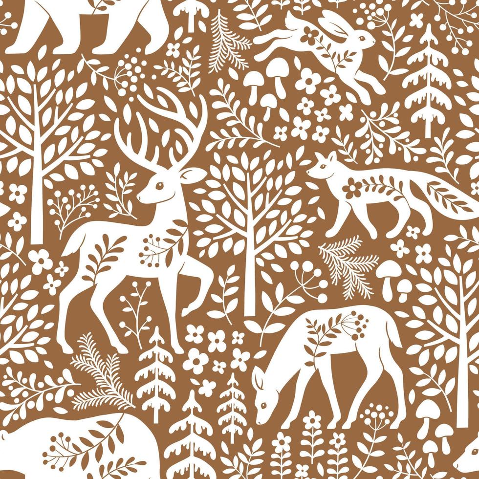 sem costura padrão com animais bonitos da floresta, árvores e folhas. ilustração de floresta escandinava. perfeito para têxteis, papel de parede ou design de impressão. vetor