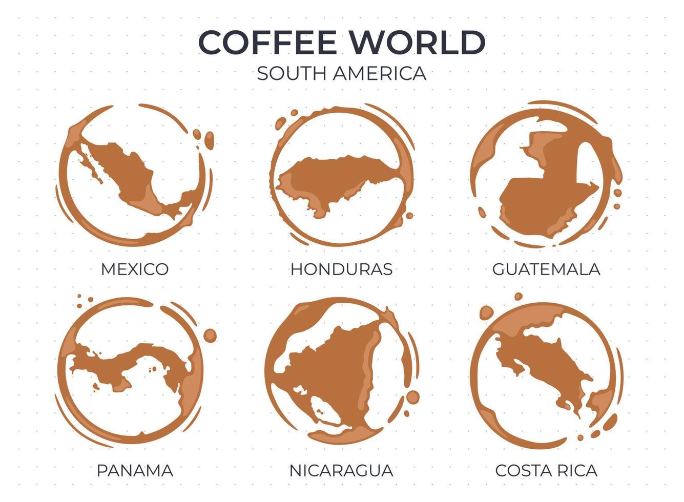 coleção de manchas redondas de xícara de café em forma de países de origem de café, produtores e exportadores da américa do sul vetor