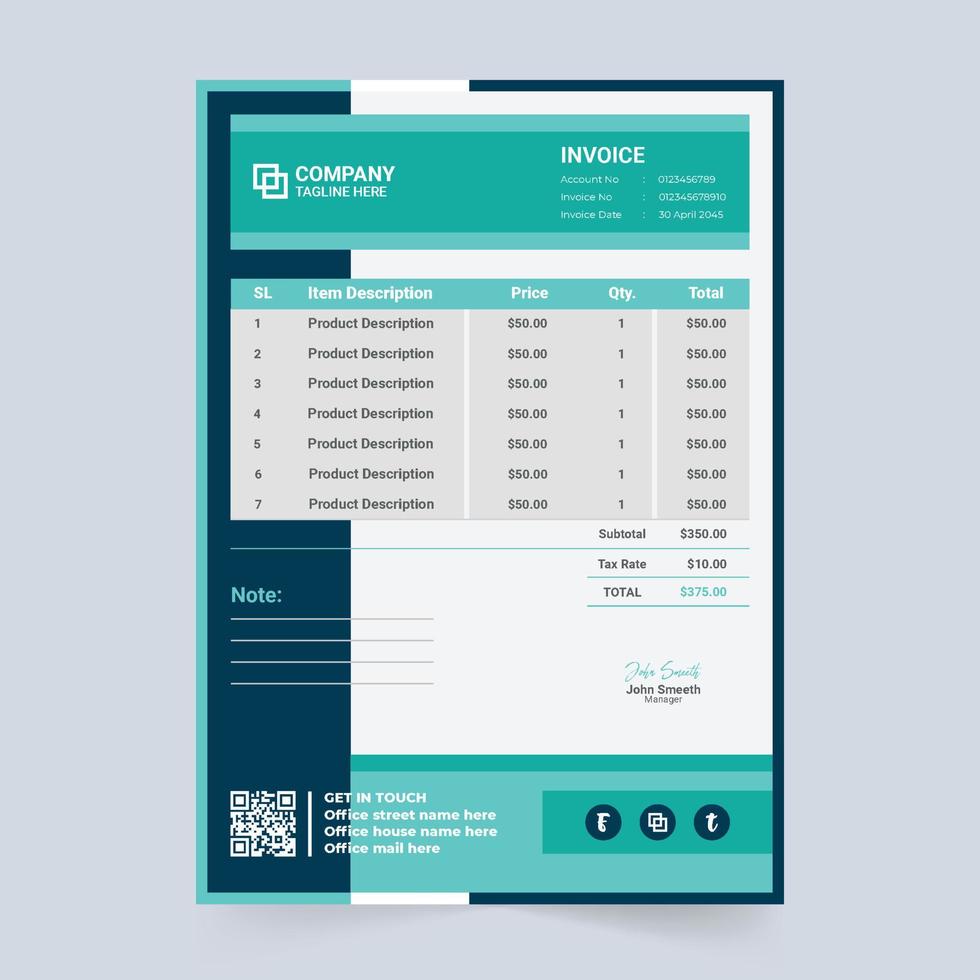 papelaria de negócios e design de modelo de contrato de pagamento com tons de cor azul. modelo de fatura criativa e design de voucher de compra para negócios corporativos. modelo de fatura mínimo pronto para impressão. vetor