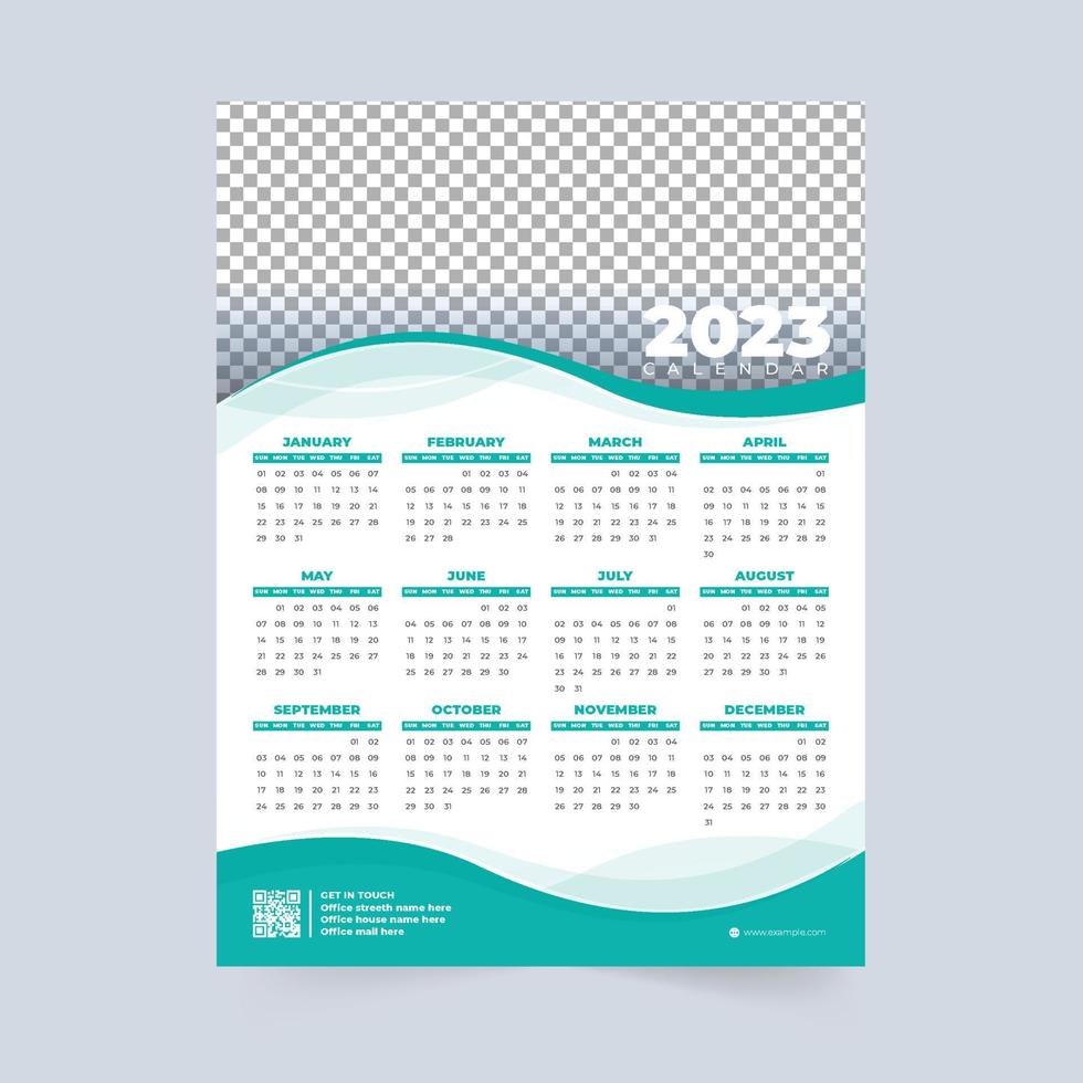 Organizador de fim de semana de 2023 e design de calendário com formas abstratas. design de calendário anual com sombra de cor azul. 2023 calendário de ano novo. vetor de organizador de escritório e negócios. a semana começa no domingo.