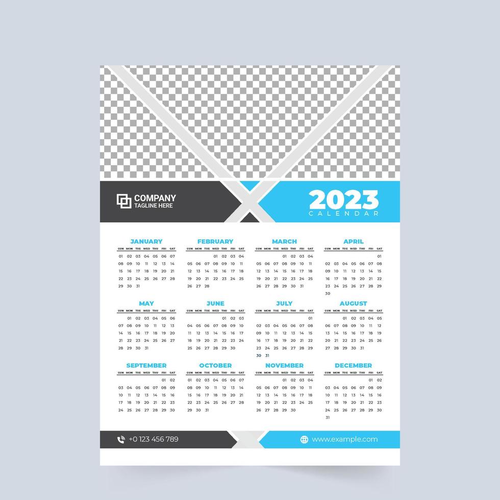 Calendário de negócios de 2023 e vetor de modelo de papelaria de escritório. design de calendário anual com formas abstratas. design de calendário pronto para impressão com cores azul e preto. a semana começa no domingo.