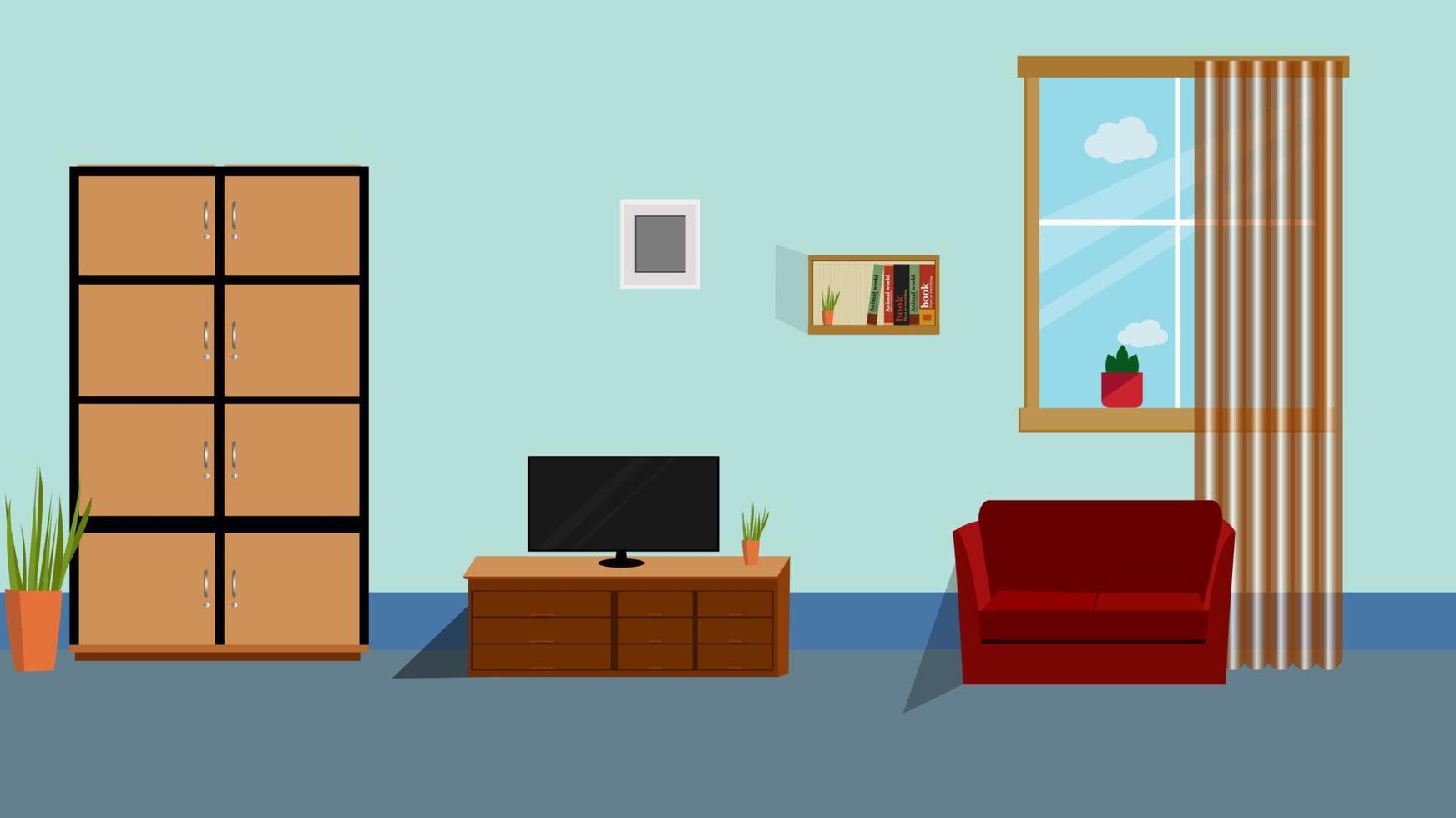ilustração de sala de estar com janela e livro self e sofá vector